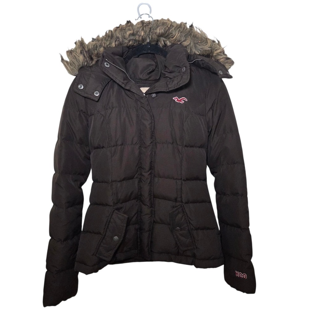 Rare Vintage Y2K Hollister Down‎ Puffer Jacket Faux Fur Hood Preppy Size XS